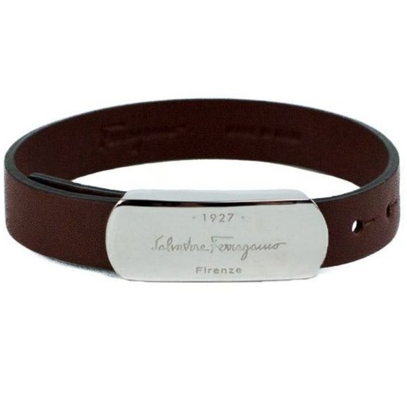 NEW Salvatore Ferragamo Brown Leather & Silver Toned 1927 Logo Buckle Bracelet - Picture 2 of 8